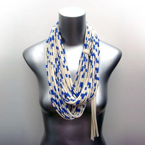 Boho Scarf, White Blue Infinity Scarf, Mens Womens Striped Scarf, Summer Loop Scarves