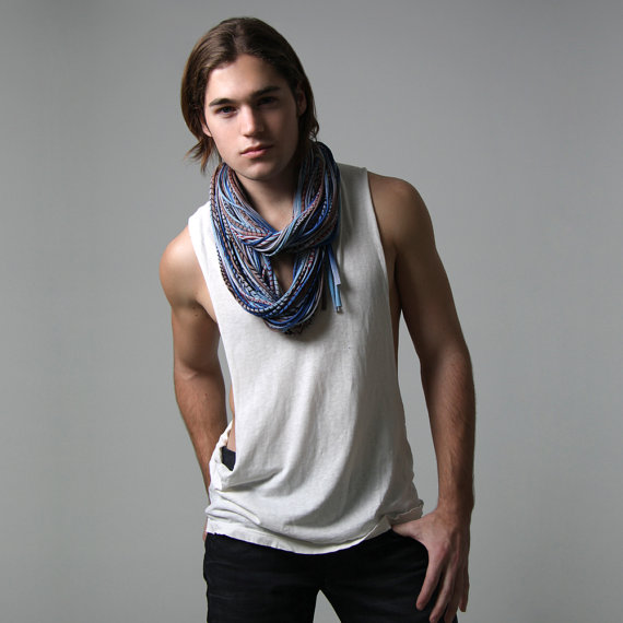Mens Necklace, Womens Infinity Scarf Grey Brown Saphire Blues Burgundy Black Burning Man Circle Stripe Fabric Jersey Scarves Summer Winter