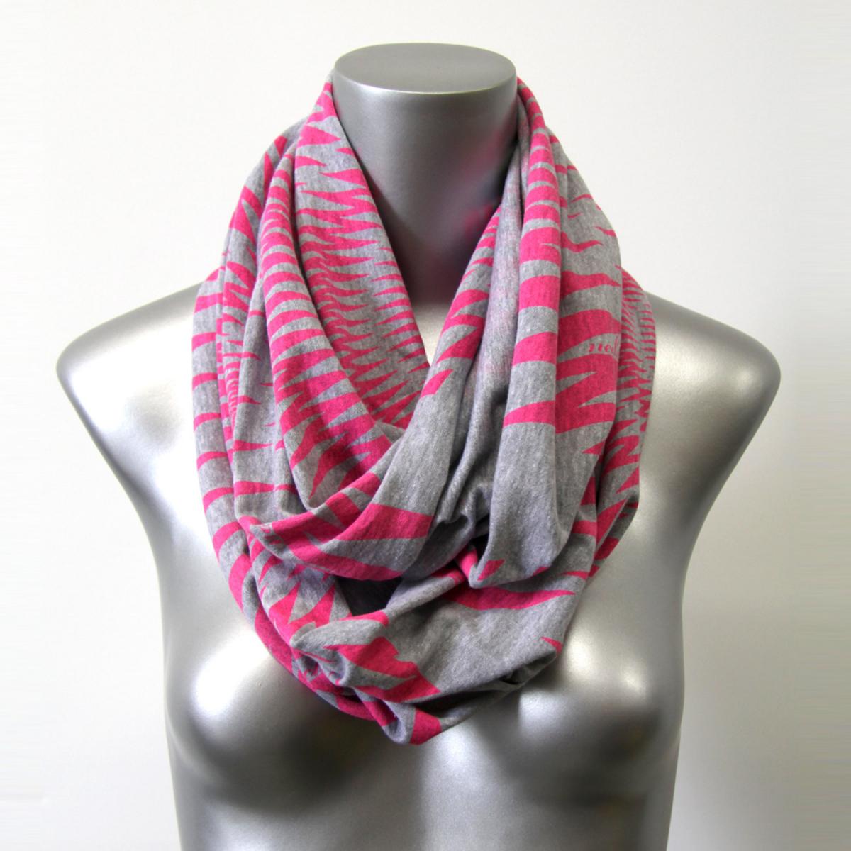 Neon Pink Scarf, Gray Spring Scarf, Womens Mens Infinity Scarves
